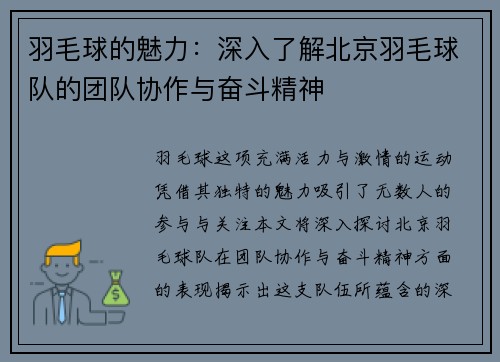 羽毛球的魅力：深入了解北京羽毛球队的团队协作与奋斗精神