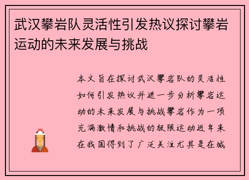 武汉攀岩队灵活性引发热议探讨攀岩运动的未来发展与挑战