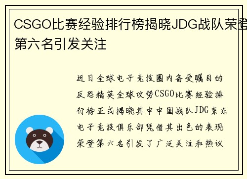 CSGO比赛经验排行榜揭晓JDG战队荣登第六名引发关注