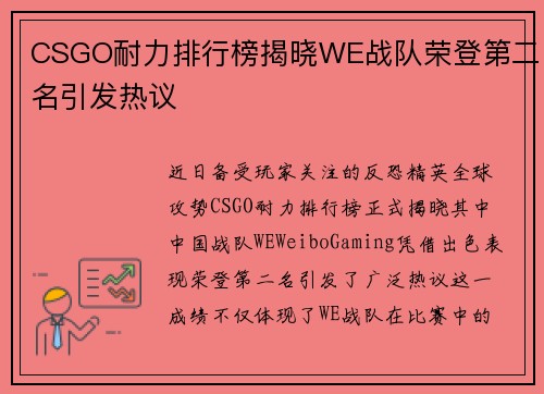 CSGO耐力排行榜揭晓WE战队荣登第二名引发热议
