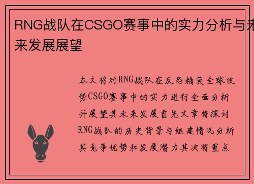 RNG战队在CSGO赛事中的实力分析与未来发展展望