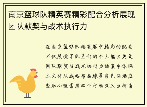 南京篮球队精英赛精彩配合分析展现团队默契与战术执行力